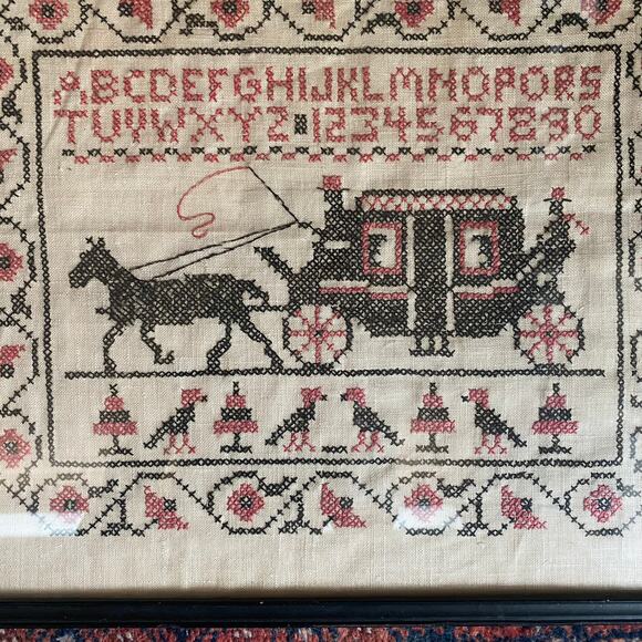 Framed Cross Stitch Embroidered Sampler Red/Black Stage Coach Horse & Driver - Picture 2 of 8